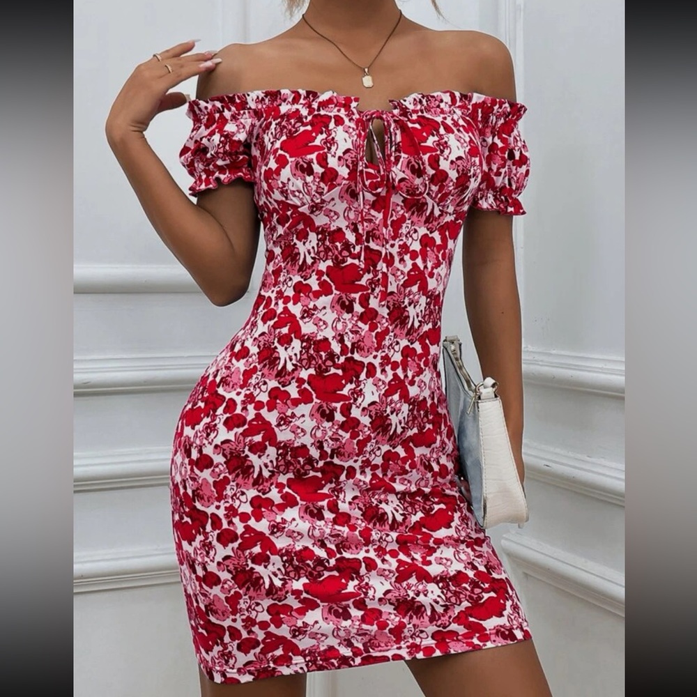 Pink, red, and white floral body con off the shoulder dress